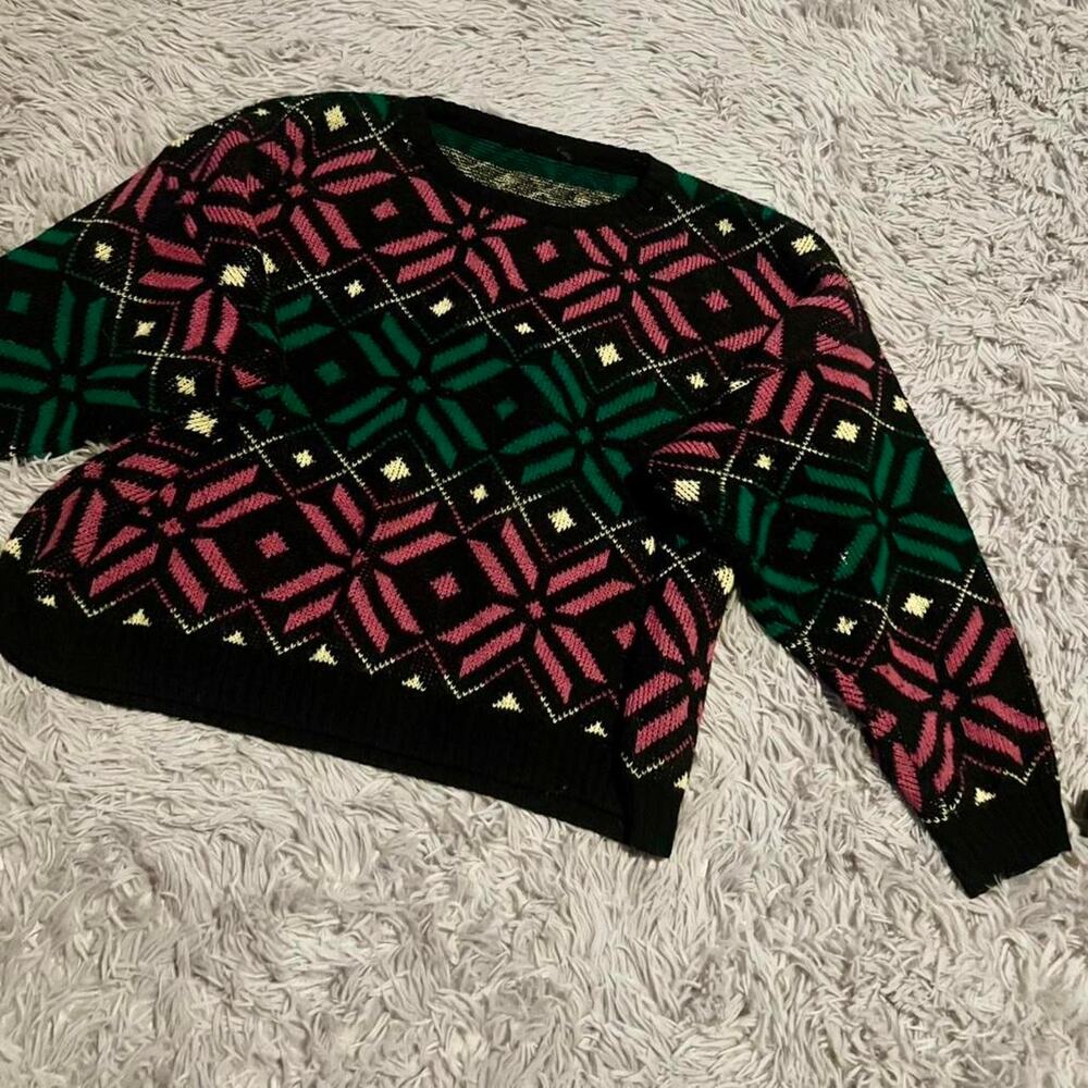 Vintage Bold Fair Isle Geometric‎ Nostalgic Retro Warm Cozy Winter Crop Sweater